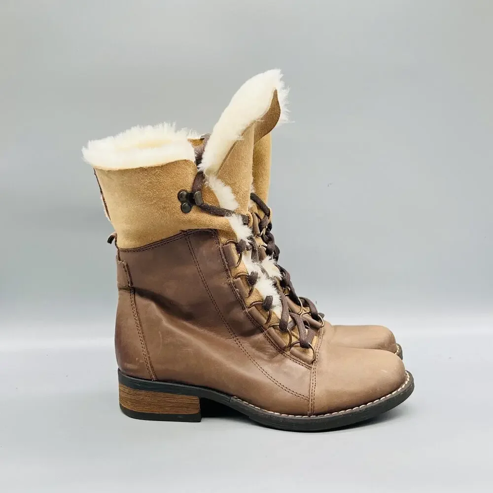 Luxe De León Boots Womens 6.5 Brown Leather Shearling Lace Up Mid Calf Shoes